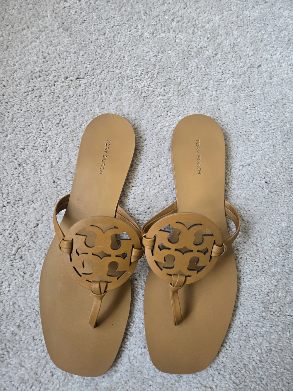 Tory Burch Mustard Tan Logo Medallion Thong Sandals